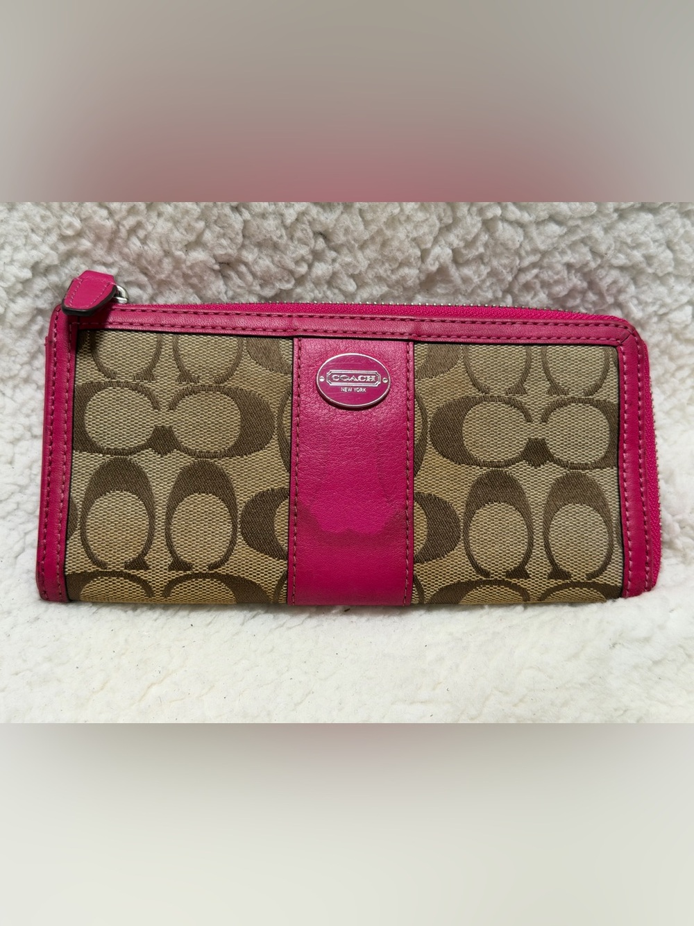 Coach Signature PVC Canvas Zip Wallet Khaki/Magenta Pink